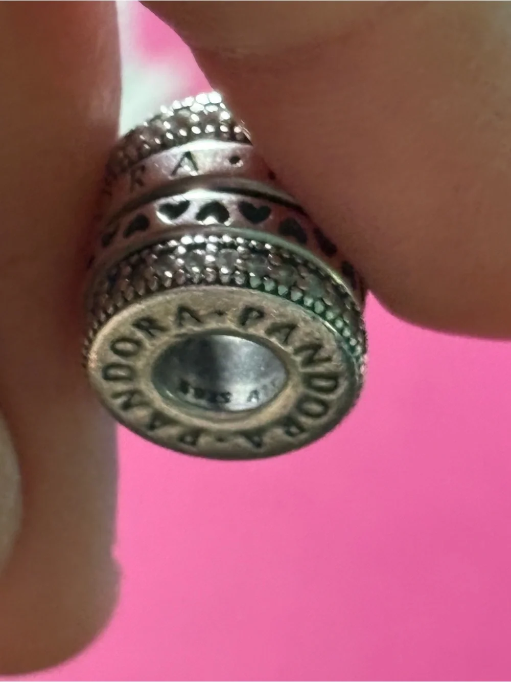 Pandora Sterling Silver Stacked Heart Spacer Charm - Pink Background